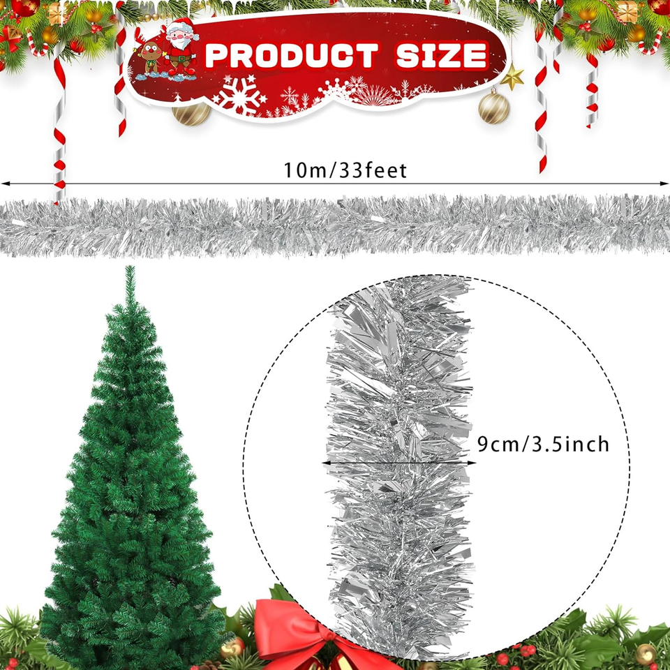 33 Feet Silver Tinsel Garland, Christmas Metallic Hanging Tinsel