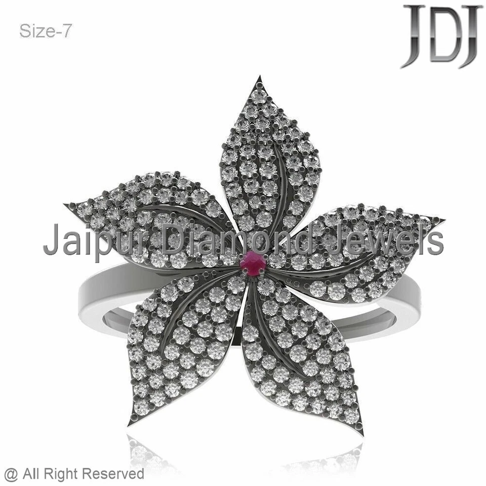 Anillo Flor Plata Esterlina Rubí Rosa Diamante Real Pavé Genuino Joyería Hecha a Mano Foto 2 de 4
