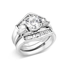 Three Stone Ring Set Silver Baguettes Wedding Band Engagement Cubic Zirconia