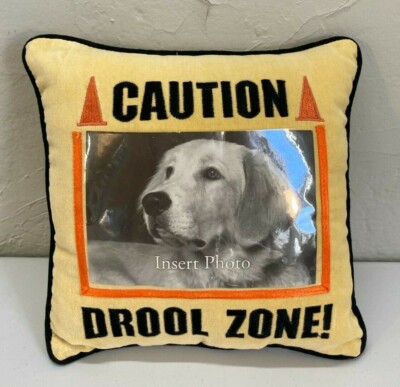 New Funny Caution Drool Zone Dog Puppy Pillow Fun Gag Gift Orange Sign Joke Toy