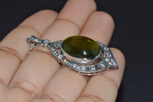 Vintage Natural 28CTS VS F Diamond Tourmaline 18K Solid Gold Art Deco Pendant - Picture 13 of 18