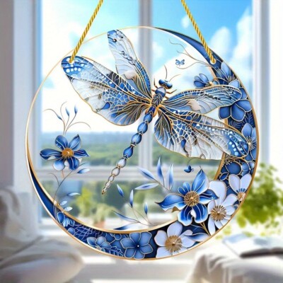 Blue and White Porcelain Dragonfly Acrylic Tag, Home and Garden Sunlight Catcher