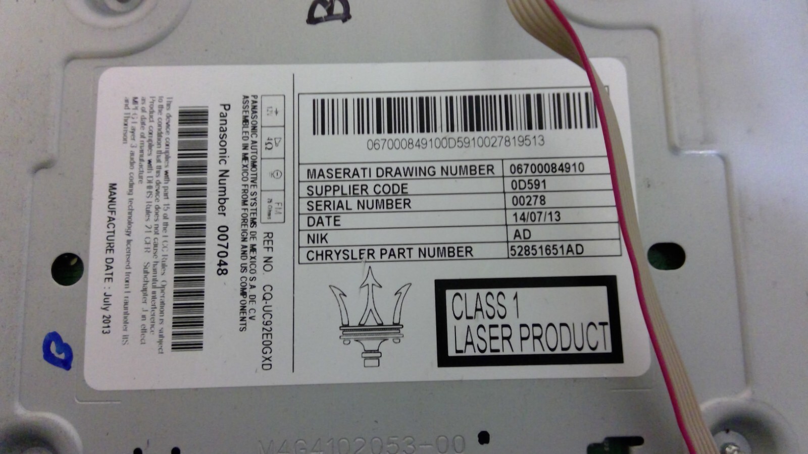 2014-2017 MASERATI GHIBLI  RADIO AUDIO RECEIVER OEM 52851651AD