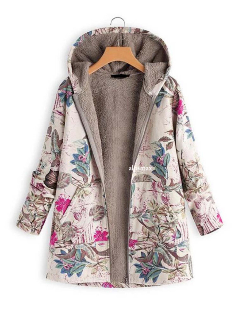 Women Winter Warm Floral Hooded Jacket Flower Print Coats Winter