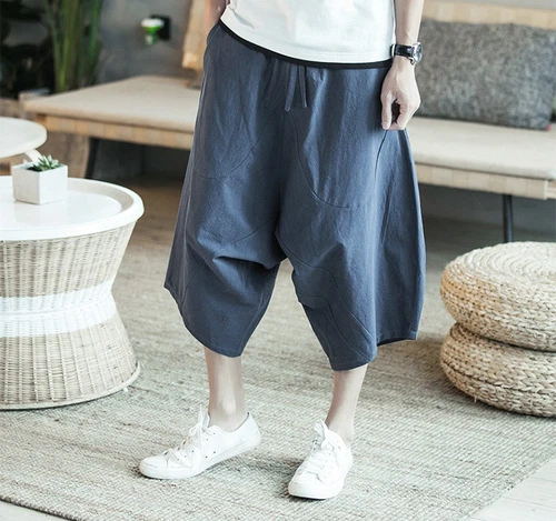 Men's Casual Samurai Loose Fit Thai Fisherman Harem Pants Comfy Cotton Trousers