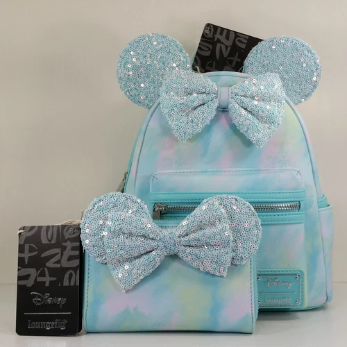 Loungefly Disney Minnie Mouse Sequin Bow Ears Mini Backpack & Wallet Blue Pink +