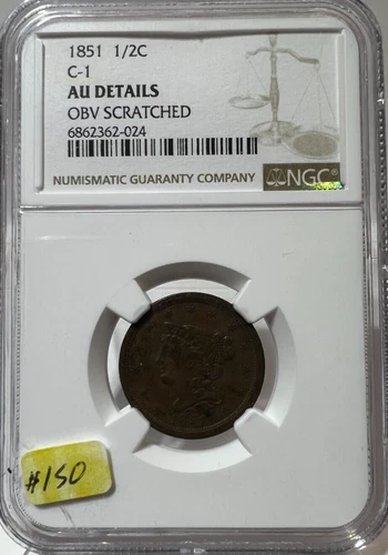 1851 C-1 BRAIDED HAIR HALF CENT 1/2C NGC AU ALMOST UNCIRCULATED
