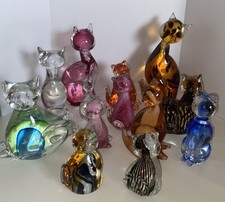 13 Vintage Modern Art Glass Cat Figurine Lot. 13 Glass Cats Murano Viking