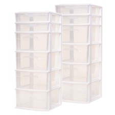 Homz Plastic 6 Clear Drawer Medium Home Storage Container Tower, White 2 Pack
