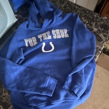 NFL Team Apparel Boys Blue Pullover Hoodie FOR THE SHOE Youth Size L Long Sleeve