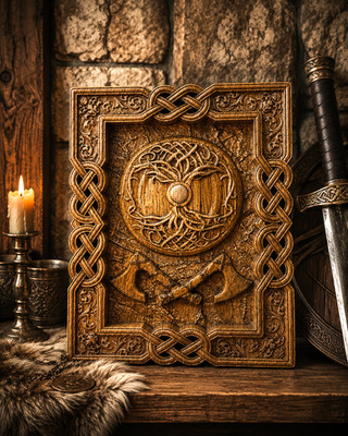 Wikinger. Wikinger Lebensbaum Holzscheibe Schnitzerei. Personalisiertes Geschenk