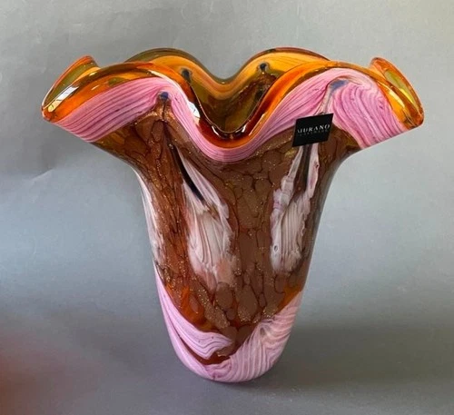 Large Heavy 9 1/4" MURANO Pink, Cobalt & Gold Art Glass Ruffled Rim Vase