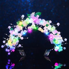 Light Up Pearl Tiaras Silver Flower Crown Headband Glow Bridal Beaded Headpie...