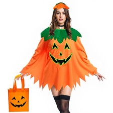 Glow in the Dark Pumpkin Costume for Women - Halloween Poncho, Headband Bag