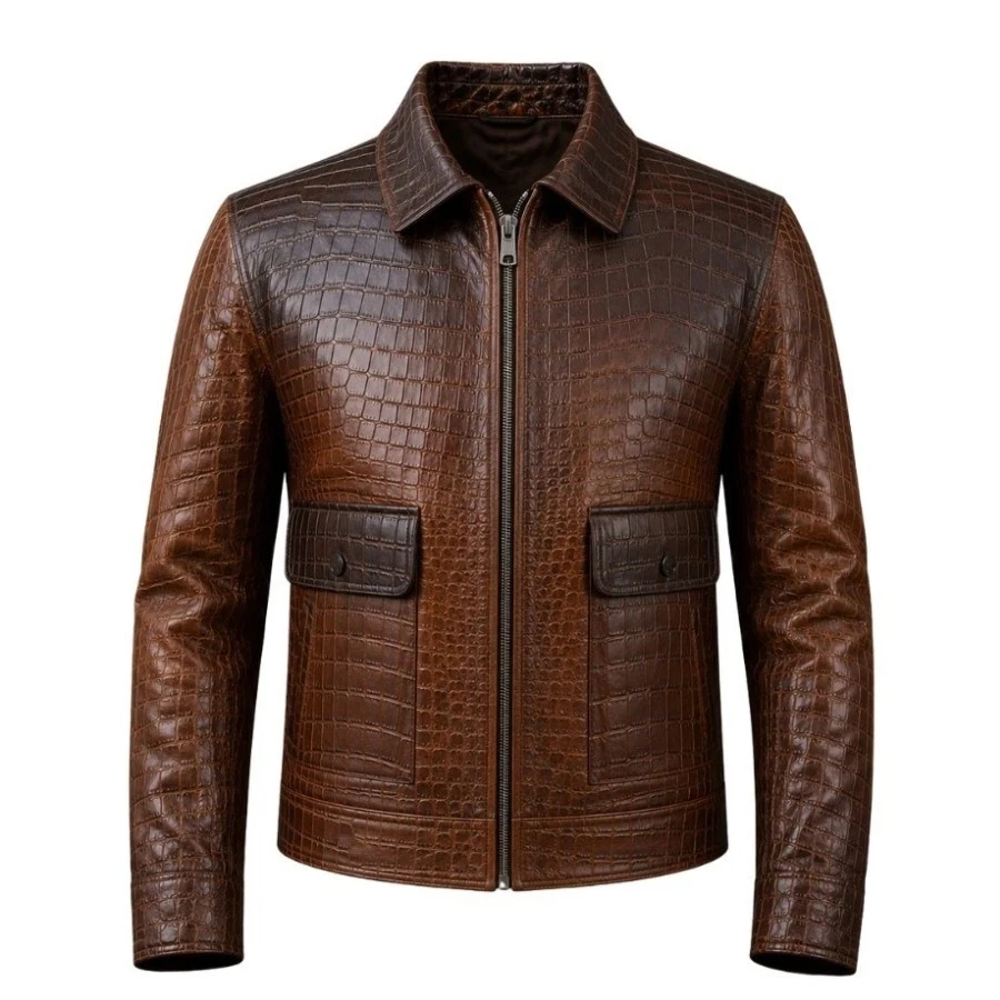 Men's Genuine Leather Jacket Brown Crocodile Embossed Zip Up Coat - product detail image 5