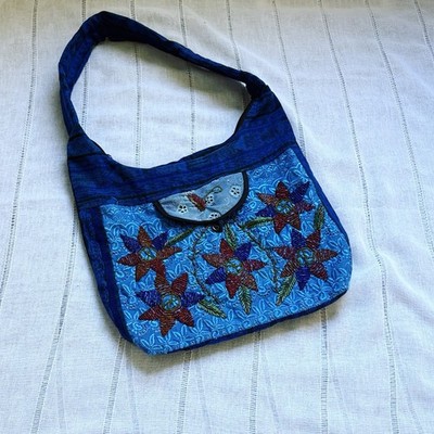 Handmade BoHo Blue Floral Shoulder Bag