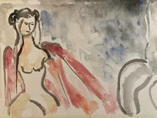 Watercolor Paper Painting Portrait Woman Expressionist Expressionism 1960