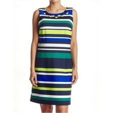 Vince Camuto Shift Dress Multicolor Stripes Scuba Embellished Glamorous Coastal