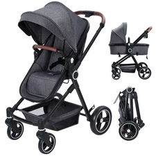 2-in-1 Convertible Baby Stroller Foldable Bassinet Stroller w/ Adjustable Canopy