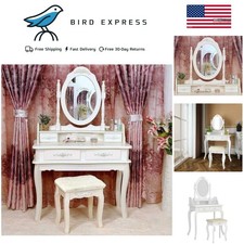White Vanity Jewelry Makeup Dressing Table Set W/Stool 4 Drawer Mirror Wood Desk