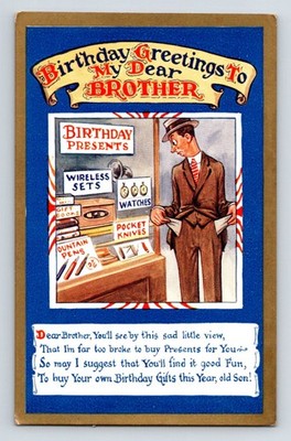 Comic Geburtstag Postkarte: Zu kaputt, um Geschenke für Bruder zu kaufen. Unbespielt.