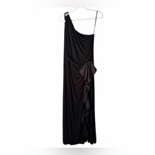 Betsy  Adam One Shoulder Maxi Dress Gown Bow Ruffle Side Slit Black Size 12