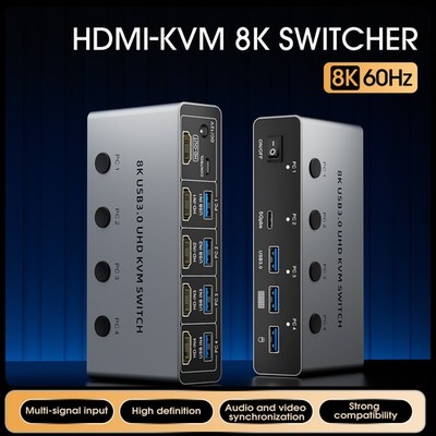 USB 3.0 KVM Switch 8K@60Hz 4 Computers 1 Monitor KVM Switch 4 PCs Share Keyboard