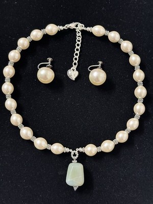 Vintage Carolee Faux Pearl  Jade Pendant W Sterling Screw Back Earrings