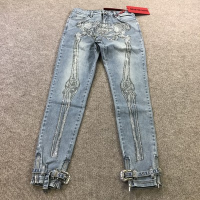 Guapi Dead Or Alive Jeans Mens 28 Crystal Skeleton Buckle Limited
