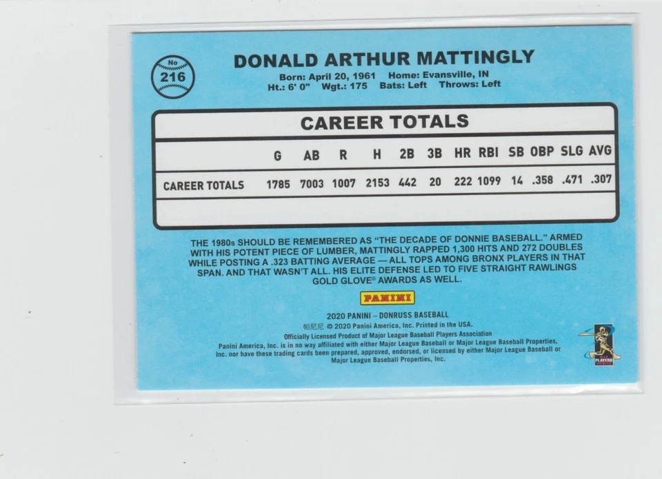 2020 Donruss #216 Don Mattingly Holo Pink Parallel New York Yankees - Image 2 of 2