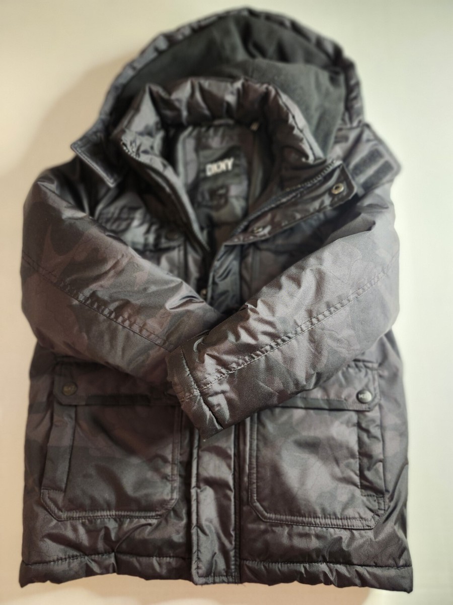 Boys DKNY Black Camo Puffer Coat/Detachable Fleece Lined Hood Size