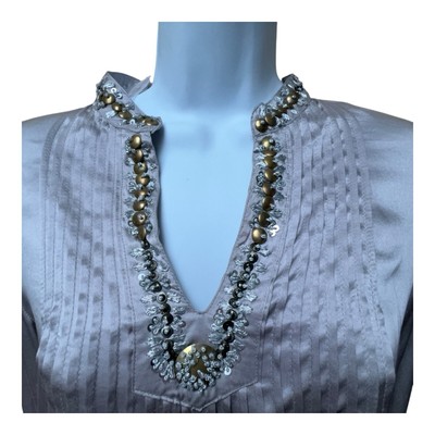 NEW Sundance 100% Silk Blouse Women's Small Gray Beaded Long Sleeve Top Boho