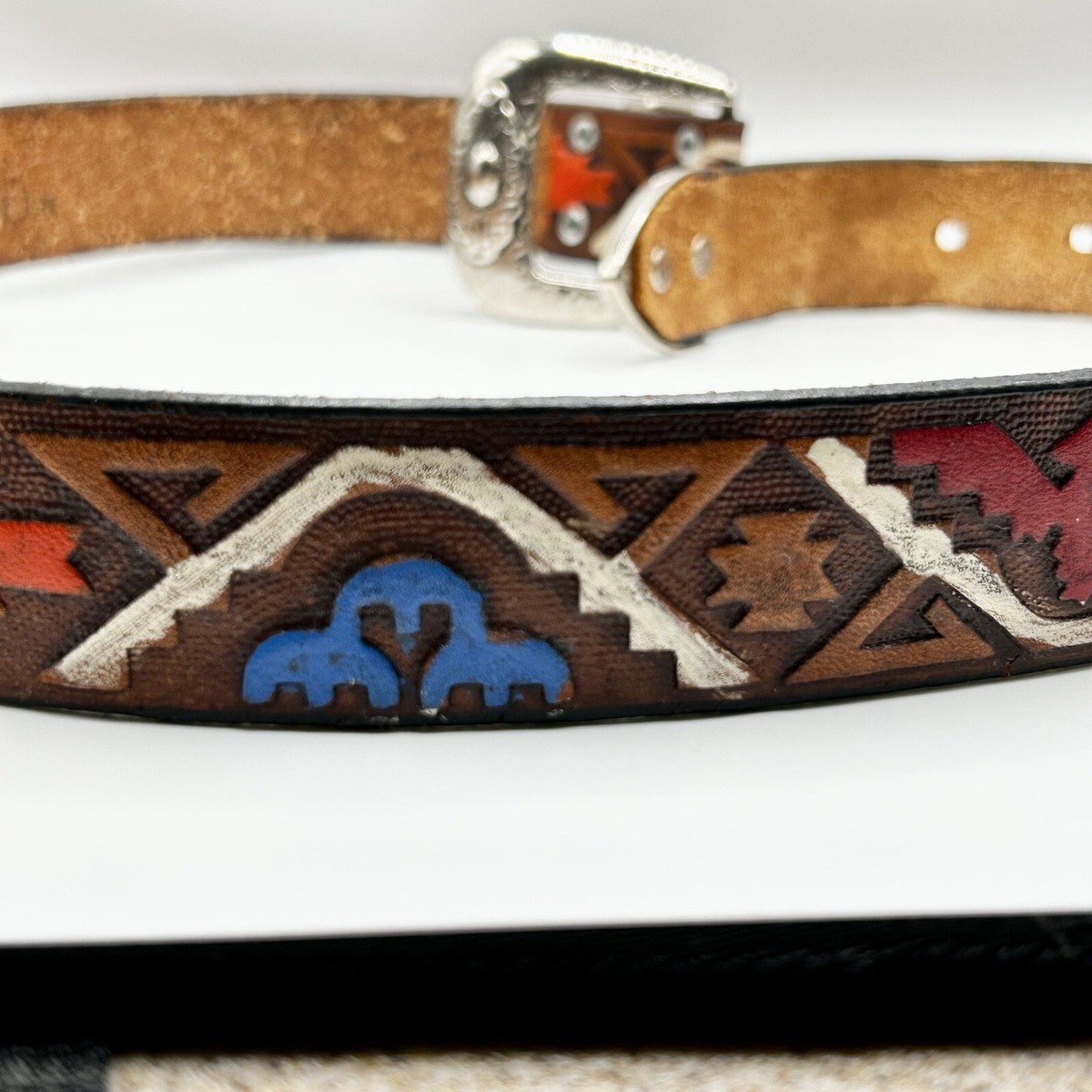 Milor Brown Red Aztec Southwest Leather Belt Size Medium/Large Milor Tooled Leather Belt Southwest Thunderbird Aztec Size  main image 3