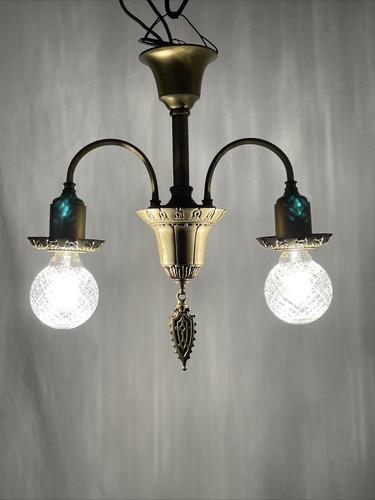 Antique Vtg Arts Crafts Deco Semi Flush Ceiling Light 2 Arm Chandelier 1920s 30s