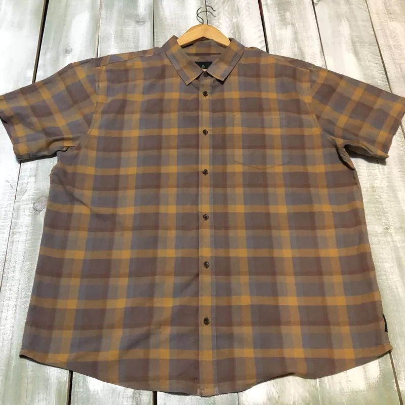 prana short sleeve button up plaid organic cotton hiking shirt