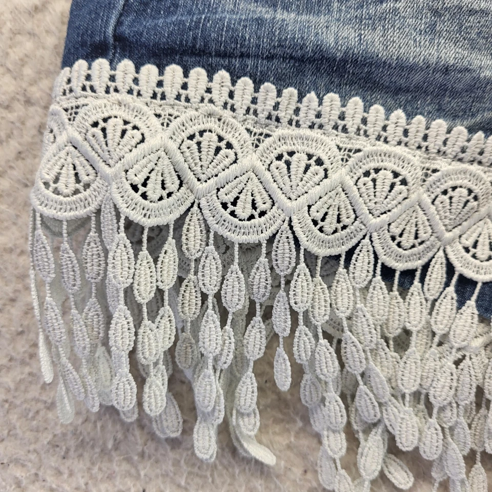 Pantalones Cortos Lei Ashley Jean Mujer Talla 1 Azul Denim Encaje Borde Boho Tiro Bajo Foto 4 de 4