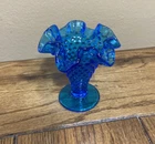 Vintage  Miniature 3 3/4" Fenton Hobnail Blue Glass Vase Trumpet Ruffled Edge