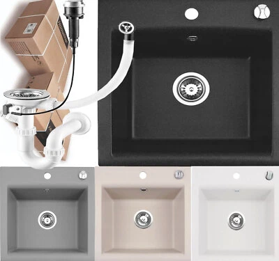 HOMELINE Granitspüle Küchenspüle Granit Siphon Einbauspüle Spülbecken Spüle 44x44cm Spüle