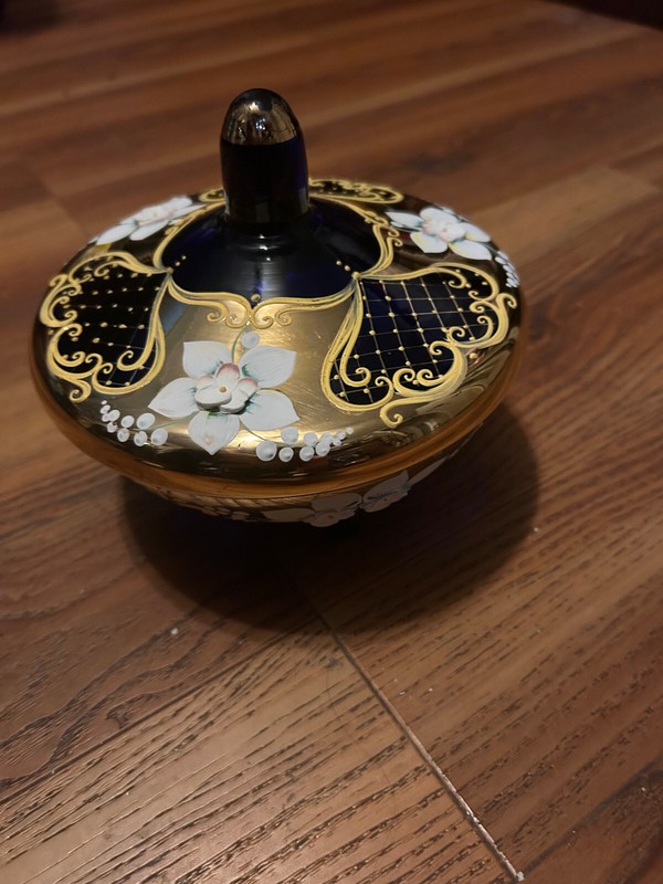 Bohemia Czech Cobalt Blue Round Crystal Covered Bowl Footed Gold Floral Design