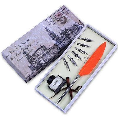 Vintage Colored Feather High Quality Quill Dip Pen Writing Ink Set Stationery Gi