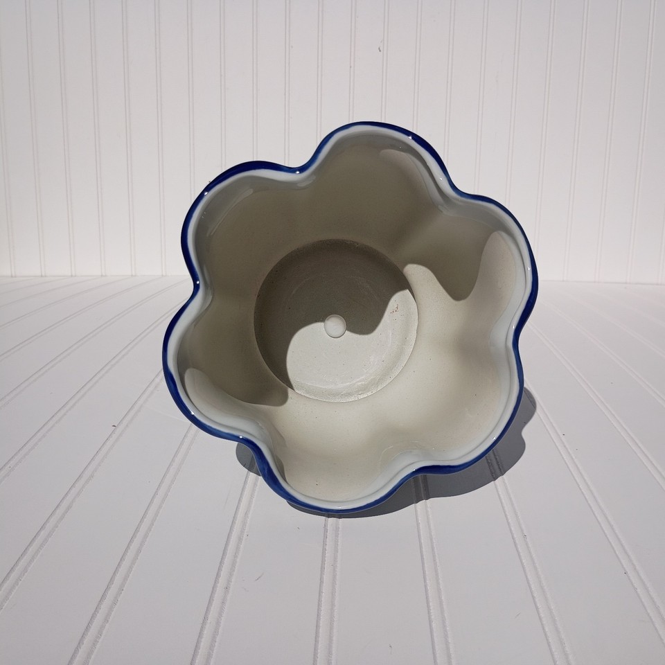 Scalloped Ruffled Rim Blue and White Floral Porcelain Planter Pot Scalloped Rim Ruffled ...