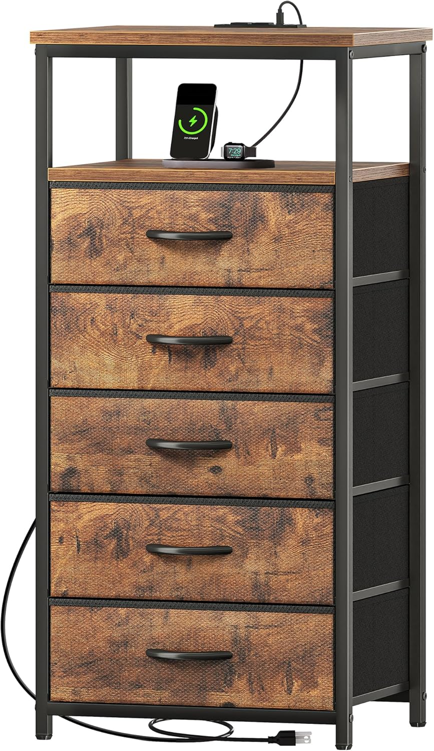 5-Drawer Tall Dresser with USB Charging Station for Bedroom Nightstand