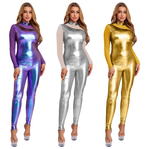 Body donna tuta gioco tuta patchwork pezzo unico abbigliamento sportivo metallizzato adulto - Foto 4 di 54