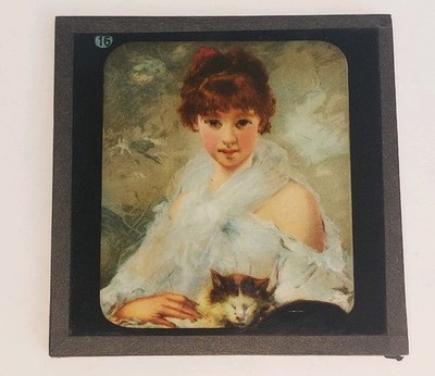 ''Love me, Love my Cat'', Oil Painting by Charles Chaplin, Rare Colour Glass Slide