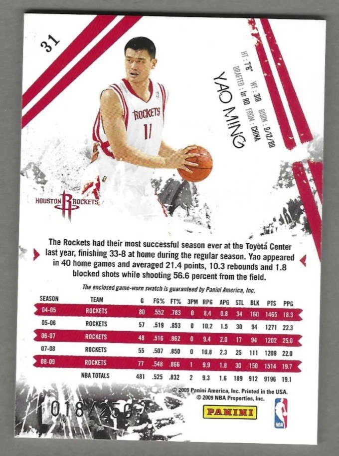 2009-10 Panini Rookies & Stars - Yao Ming #31 GAME WORN JERSEY SWATCH #’d /250 ! - Image 2 of 4