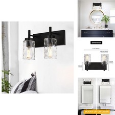 2 Light Farmhouse Wall Sconce Modern Black Hammered Glass Shade Vanity Light