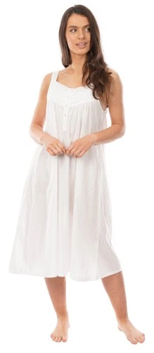 i-Smalls Ladies 100% Cotton White Lace Nightdress Sleeveless Button Front Midi