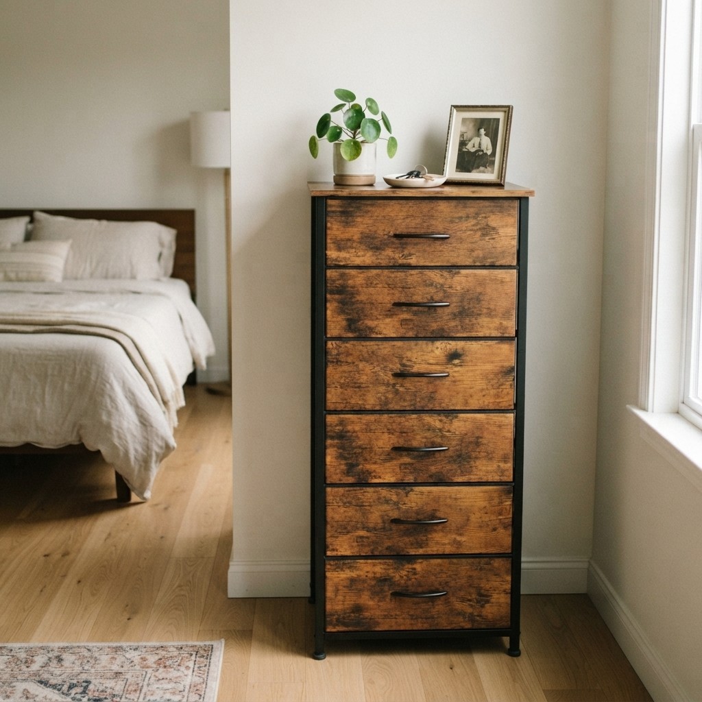 Kemtpase Modern Solid Oak Wood Dresser with 5 Storage Drawers Narrow Chest Cabinet Storage Organiser Bedside Cabinet 9 Rustic Brown 6-Drawer Tall Dresser Modern Engineered Wood Storage Bedroom