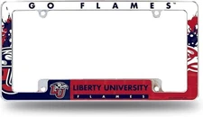 Liberty University Flames Metal License Plate Frame Chrome Tag Cover All Over...