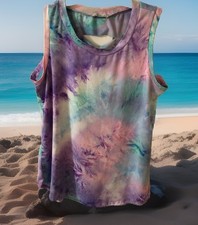 White Birch Tied Dyed Sleeveless Top Slit Back Med. Stretch Summer Beach Pastels